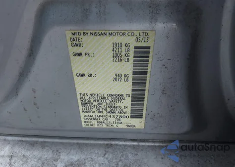 2015 Nissan Altima 2.5/2.5 S/2.5 Sl/2.5 Sv z USA, uszkodzony, nr VIN 1N4AL3AP4FC437800